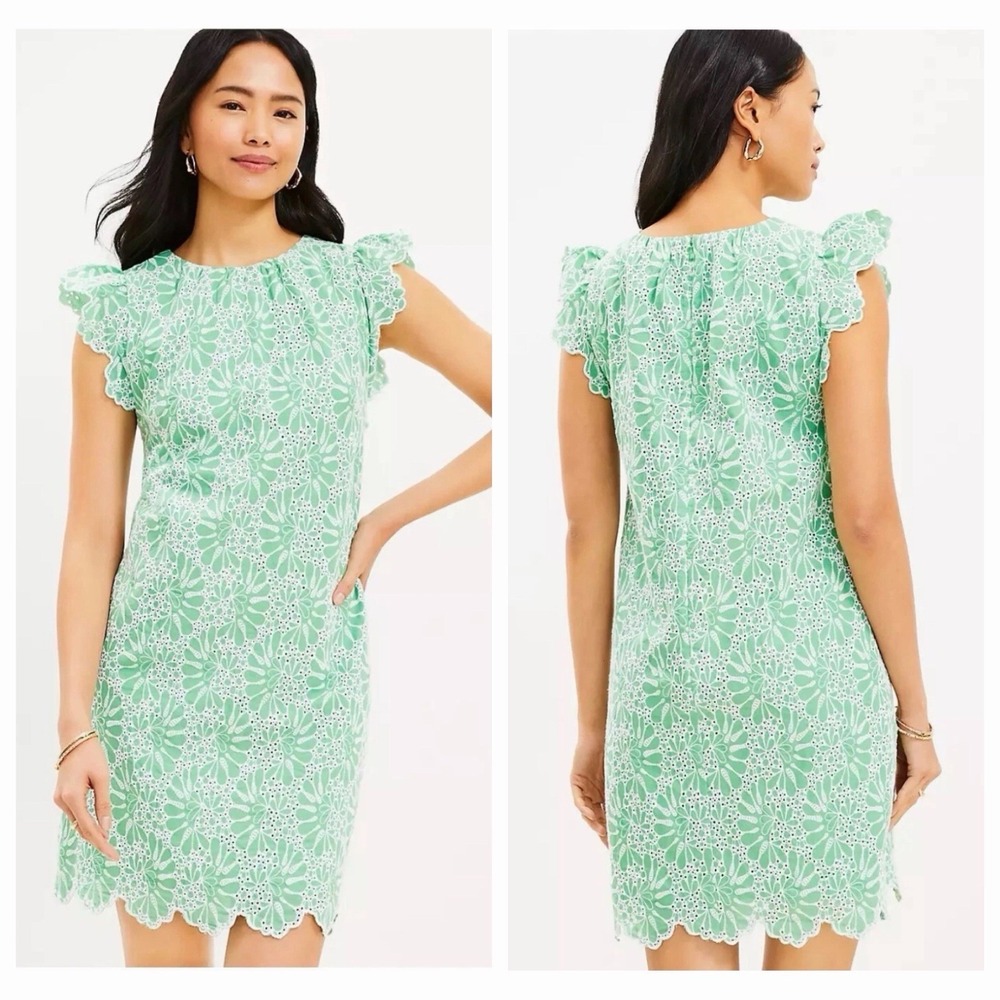 Loft Eyelet Flutter Sleeve Shift Dress Size 10 NWT Floral Green Cottagecore Chic